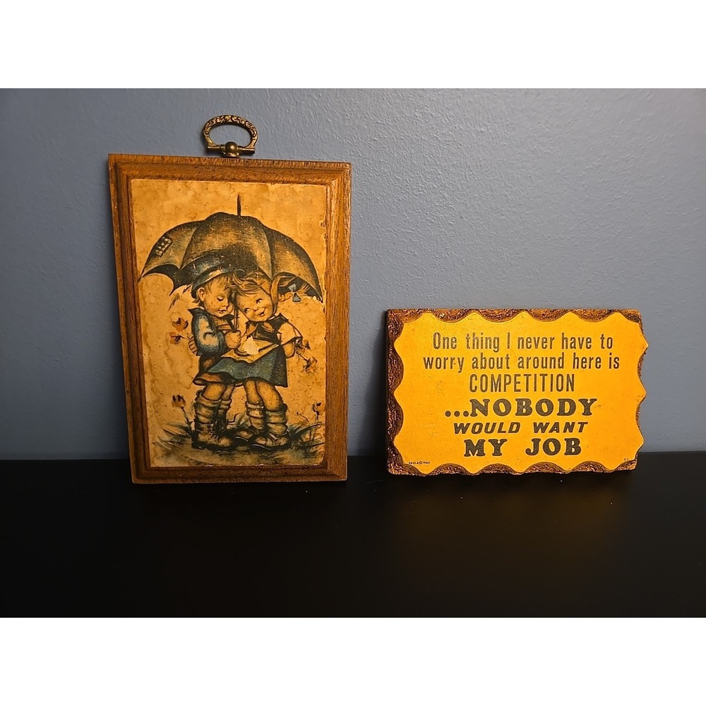 Vintage Evans Wooden Wall Hangings - Boy & Girl Paula's Wooden Postcard Decor